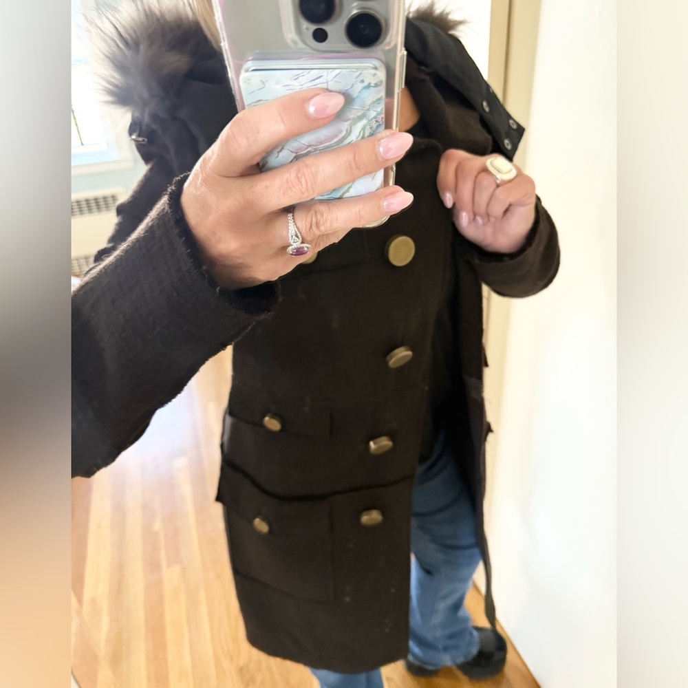 NWT Touch Tough Tacky 100% Wool Trench Coat w/ Gold Buttons & Fur Hood $485 - Picture 10 of 16